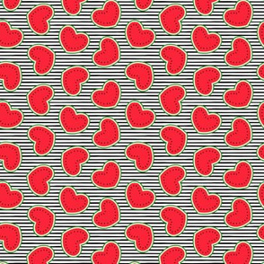 (small scale) Watermelon hearts - summer fruit - black stripes - red/green - LAD21