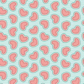 (small scale) Watermelon hearts - summer fruit - stripes - pink /mint - LAD21