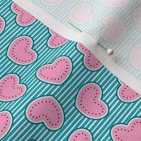 (small scale) Watermelon hearts - summer fruit - pink/teal on stripes - LAD21