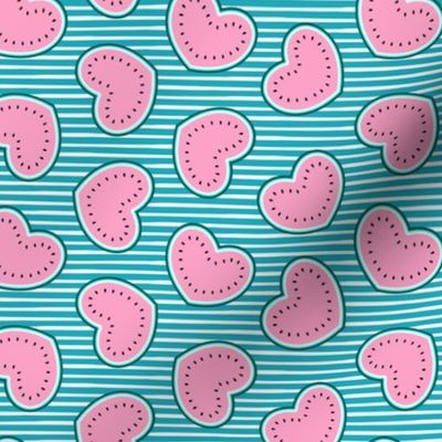 Watermelon hearts - summer fruit - pink/teal on stripes - LAD21