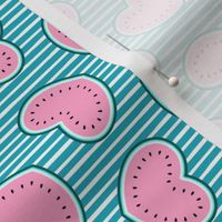 Watermelon hearts - summer fruit - pink/teal on stripes - LAD21