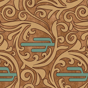 Wild West- Saguaro Tooled Leather Pattern- Verdigris Wheat Brown Leather Texture- Large Scale- Rotated