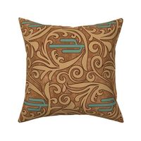 Wild West- Saguaro Tooled Leather Pattern- Verdigris Wheat Brown Leather Texture- Regular Scale- Rotated
