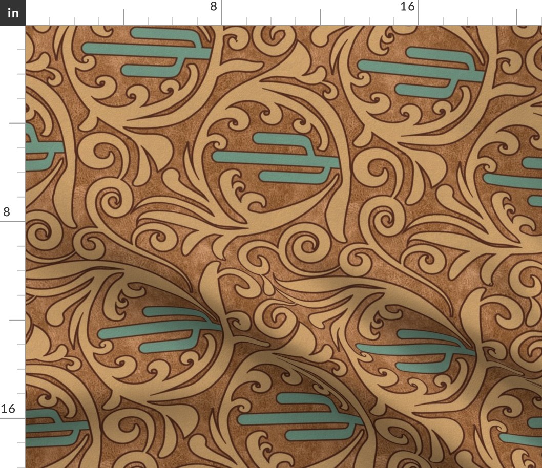 Wild West- Saguaro Tooled Leather Pattern- Verdigris Wheat Brown Leather Texture- Regular Scale- Rotated