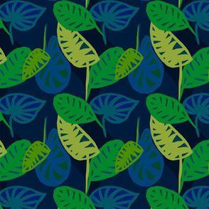 Painted Tropical Leaves in Blue and Green 