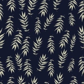 Woodland Fall hand-drawn ivory leaves in a deep sea of navy