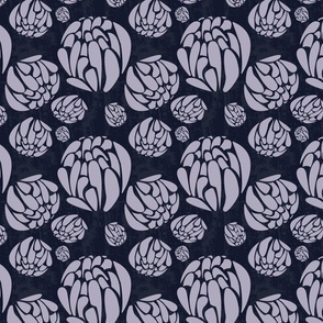 Modern Abstract Floral with Lilac Chrysanthemums on a Midnight Blue Background 