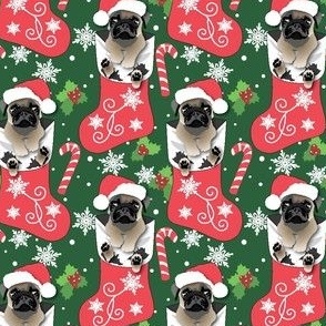 Pug Dog Christmas Stocking Green and Red  Candy Cane Holiday fabric small print
