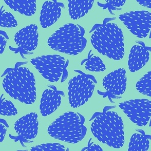 Bed of Strawberries Block Print - blue on mint - berries, cute strawberries, berry pattern, summer fruit, blue fruit