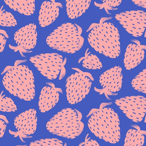 Bed of Strawberries Block Print - pale pink on blue 