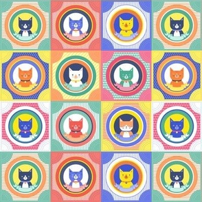 Cat Portrait Panel Mini- Bright Colors- Multicolored Cheater Quilt- Rainbow Cat Rescue- Adopt a Cat- Kitten- Kittens- Pet- Pets- Cats