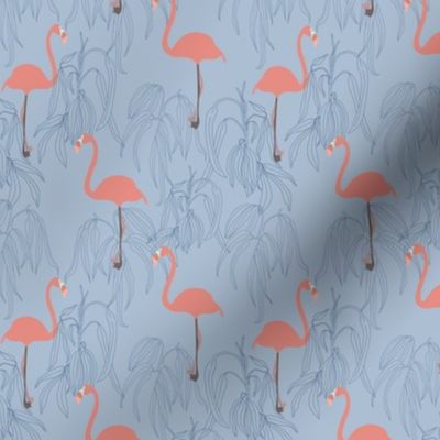 flamingo on  plants - blue - small
