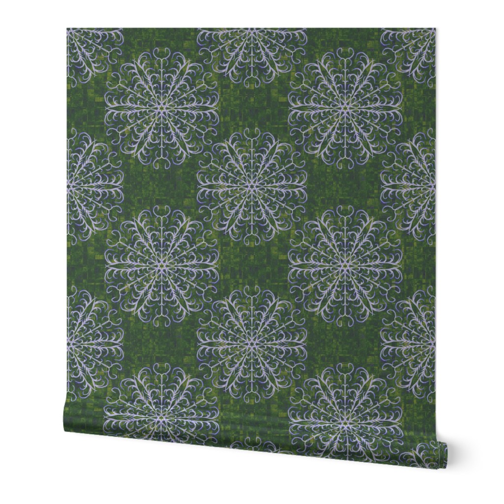 Antler inspired Mandala on Fractured  Plaid in Variegated Green  and Gradient Violet