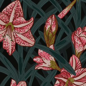 Amaryllis- Cocoa Lily at Night- Light Pink Carnation Cardinal Burgundy Teal Jungle Green- Jumbo Scale