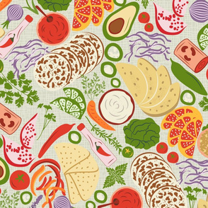 Taco Potpourri- Veggie Fruity Mexican Delights- Colorful on Pastel Gray- Large Scale
