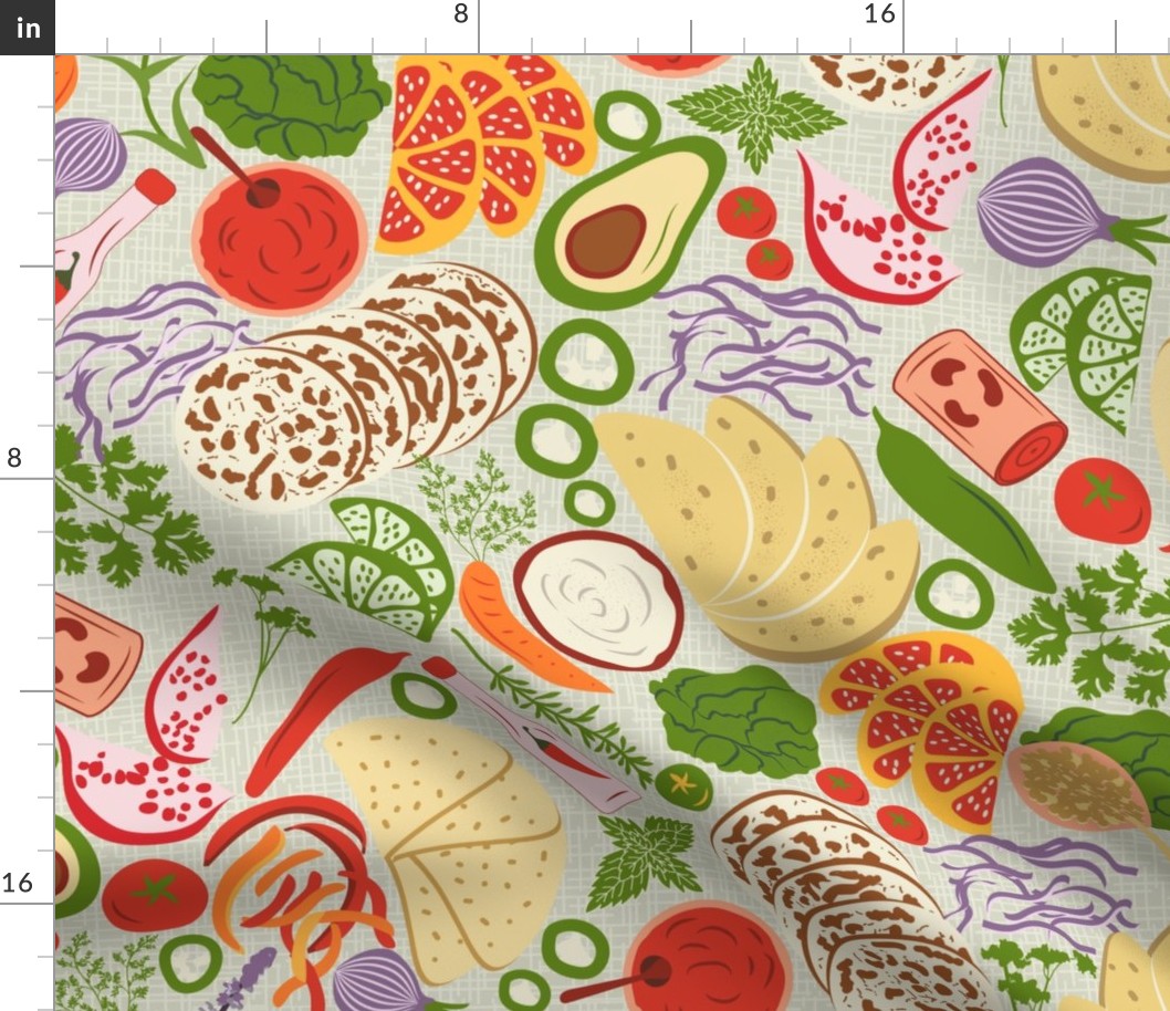 Taco Potpourri- Veggie Fruity Mexican Delights- Colorful on Pastel Gray- Large Scale