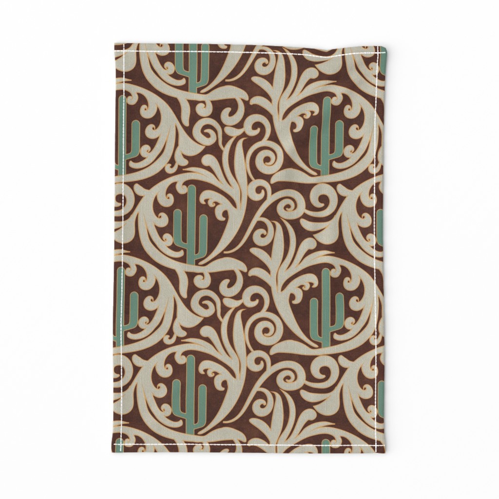 Wild West- Saguaro Tooled Leather Pattern- Verdigris Isabelline Brown Leather Texture- Regular Scale