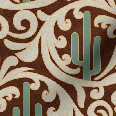 Wild West- Saguaro Tooled Leather Pattern- Verdigris Isabelline Brown Leather Texture- Regular Scale