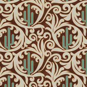 Wild West- Saguaro Tooled Leather Pattern- Verdigris Isabelline Brown Leather Texture- Regular Scale