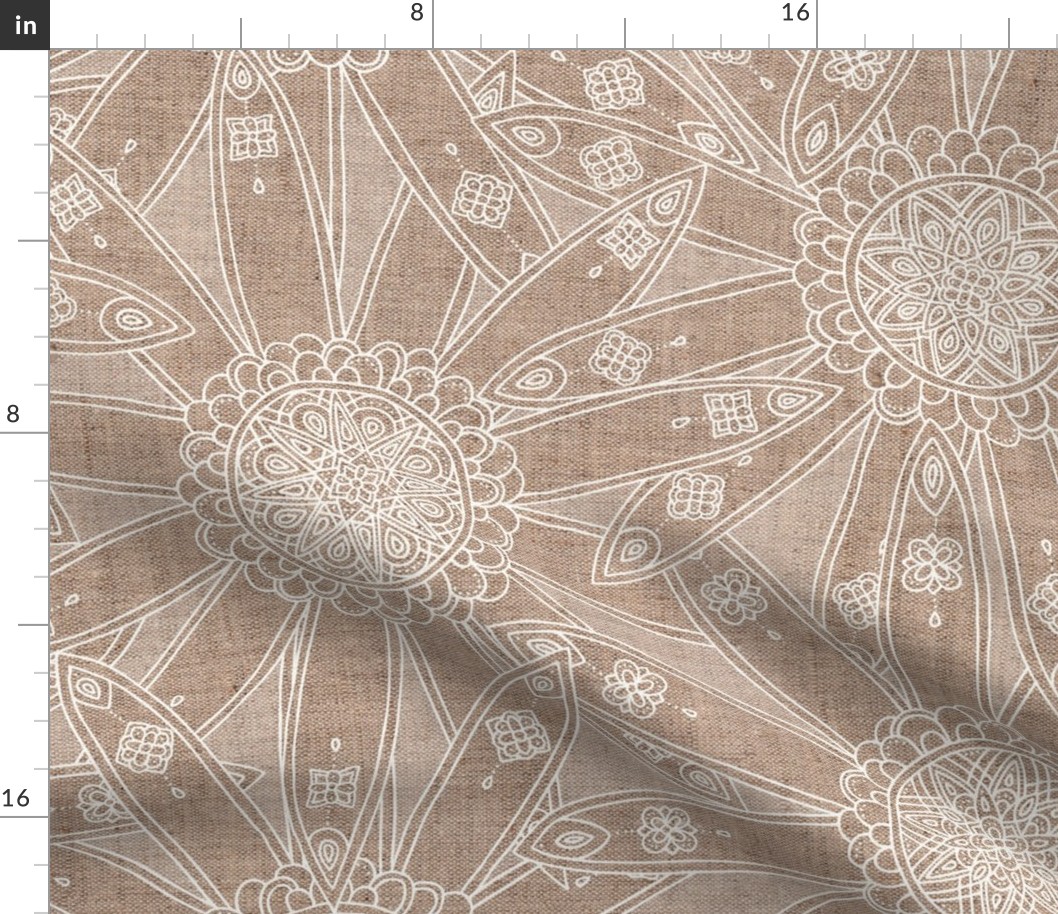 Boho neutral mandala floral - jumbo scale - white on linen