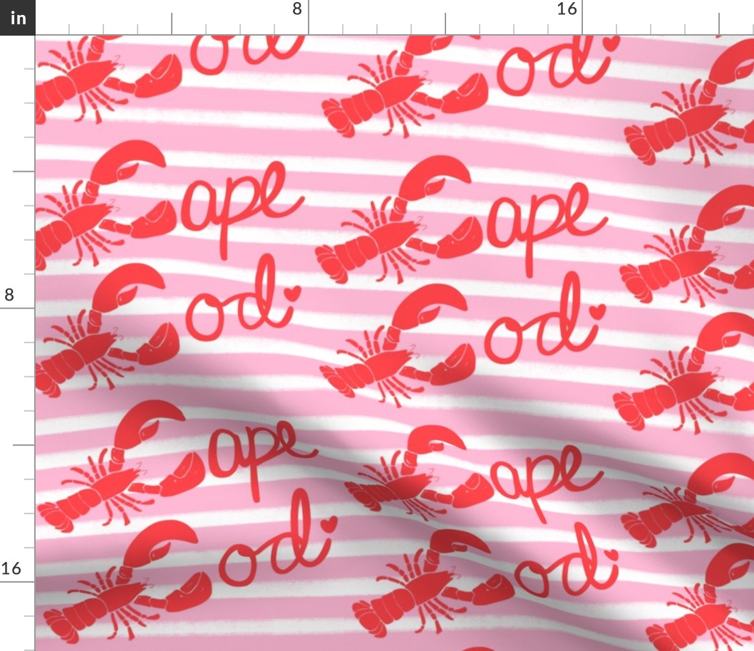 Cape Cod lobsters on pink stripes 8x8 repeat