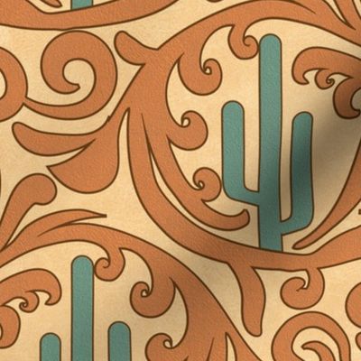 Wild West- Saguaro Tooled Leather Pattern- Verdigris Tangerine Brown Gold Buff Leather Texture- Regular Scale