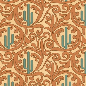 Wild West- Saguaro Tooled Leather Pattern- Verdigris Tangerine Brown Gold Buff Leather Texture- Regular Scale