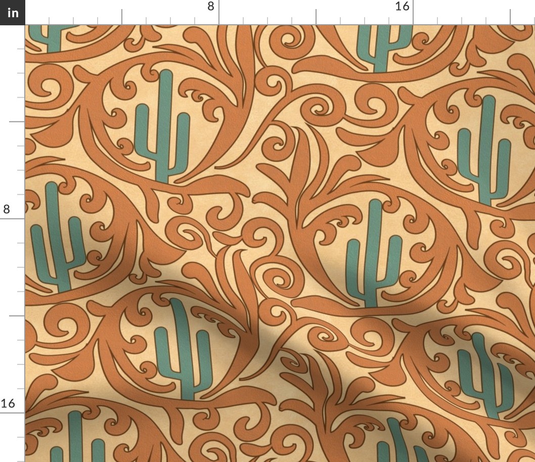 Wild West- Saguaro Tooled Leather Pattern- Verdigris Tangerine Brown Gold Buff Leather Texture- Regular Scale