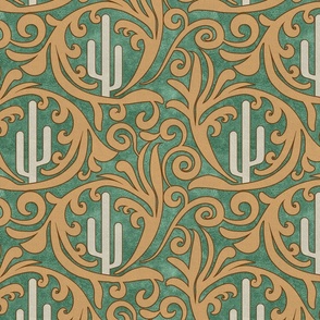 Wild West- Saguaro Tooled Leather Pattern- Isabelline Wheat Verdigris Leather Texture- Regular Scale