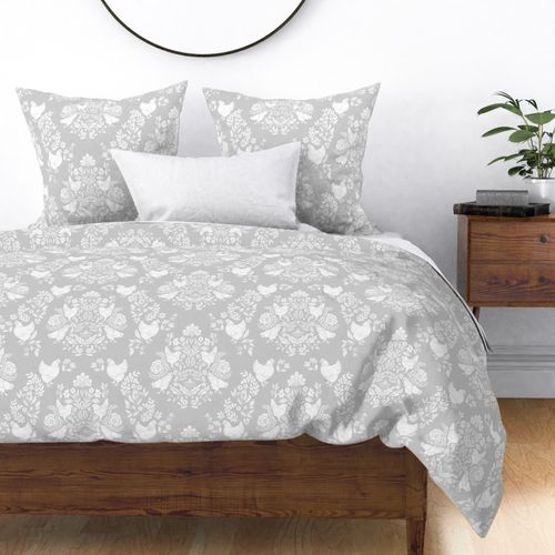 Damask Chicken //White on Grey, modern chickens in classic damask pattern