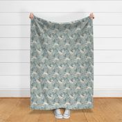 Large scale, wildlife under sea ocean corals, whales and dolphins, seashells and seahorse in navy blue