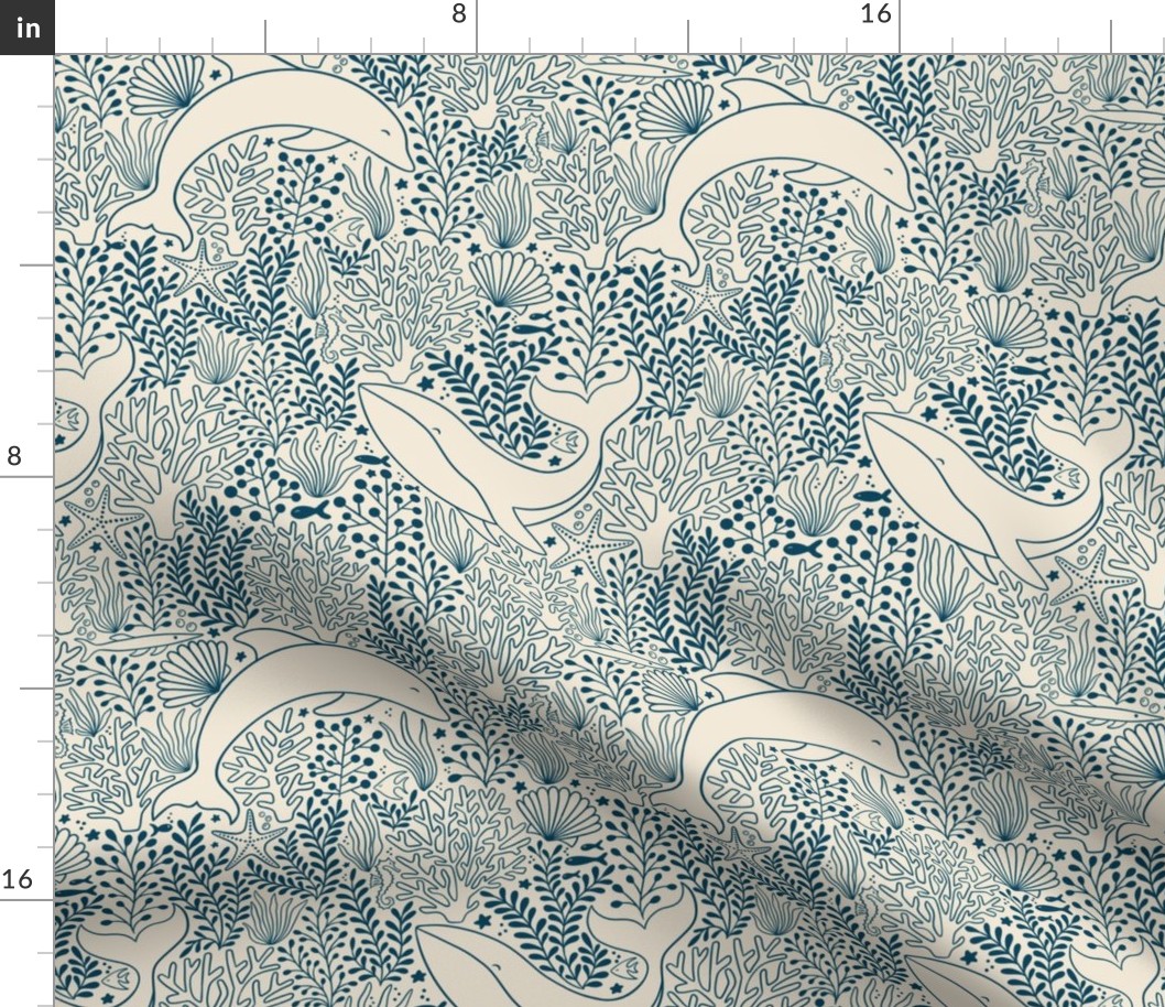 Large scale, wildlife under sea ocean corals, whales and dolphins, seashells and seahorse in navy blue