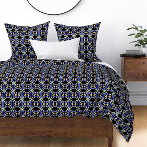 Criss-cross pattern in two tone blue, yellow and black