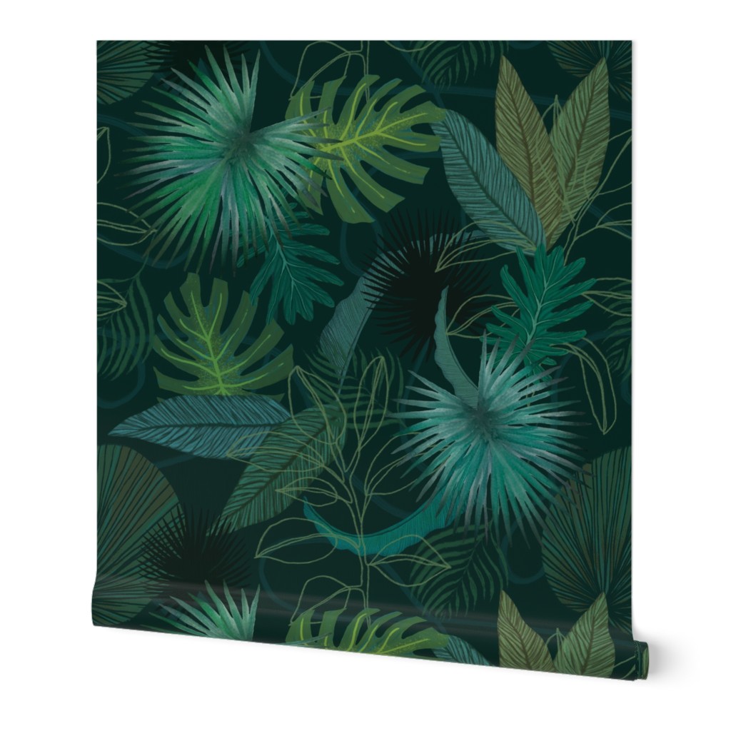 Moody Tropical Flora featuring monstera, rubber, palm leaves, and more