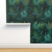 Moody Tropical Flora featuring monstera, rubber, palm leaves, and more