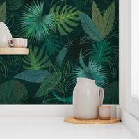 Moody Tropical Flora featuring monstera, rubber, palm leaves, and more