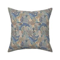 Small scale, wildlife under sea ocean corals, whales and dolphins, seashells and seahorse in Soft blue purple and coral
