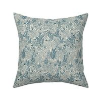 Small scale under water coral reef, fish seahorse and seastar, ocean sealife in navy blue