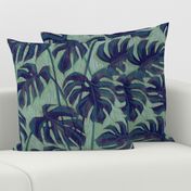 large scale monstera / inky blue and green