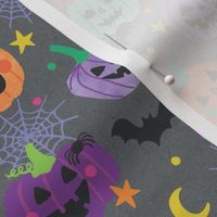  Bright Halloween PumPkins watercolor hand drawn on grey with stars, bats and spiderwebs.