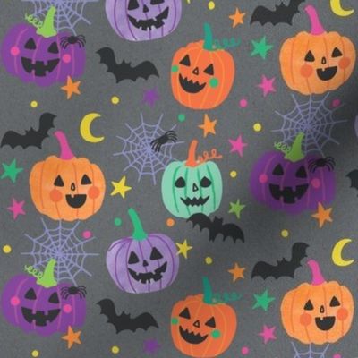  Bright Halloween PumPkins watercolor hand drawn on grey with stars, bats and spiderwebs.