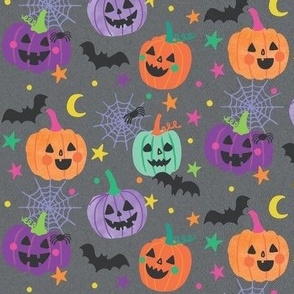  Bright Halloween PumPkins watercolor hand drawn on grey with stars, bats and spiderwebs.