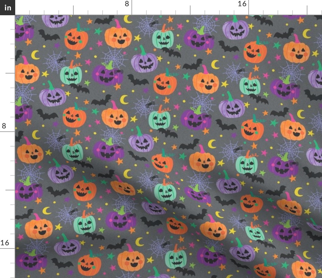  Bright Halloween PumPkins watercolor hand drawn on grey with stars, bats and spiderwebs.