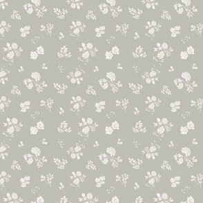 Hand Drawn Classic Floral with White Flowers tossed on Gray-Green Background