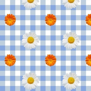 Daisies and marigolds on sky blue 1-inch gingham