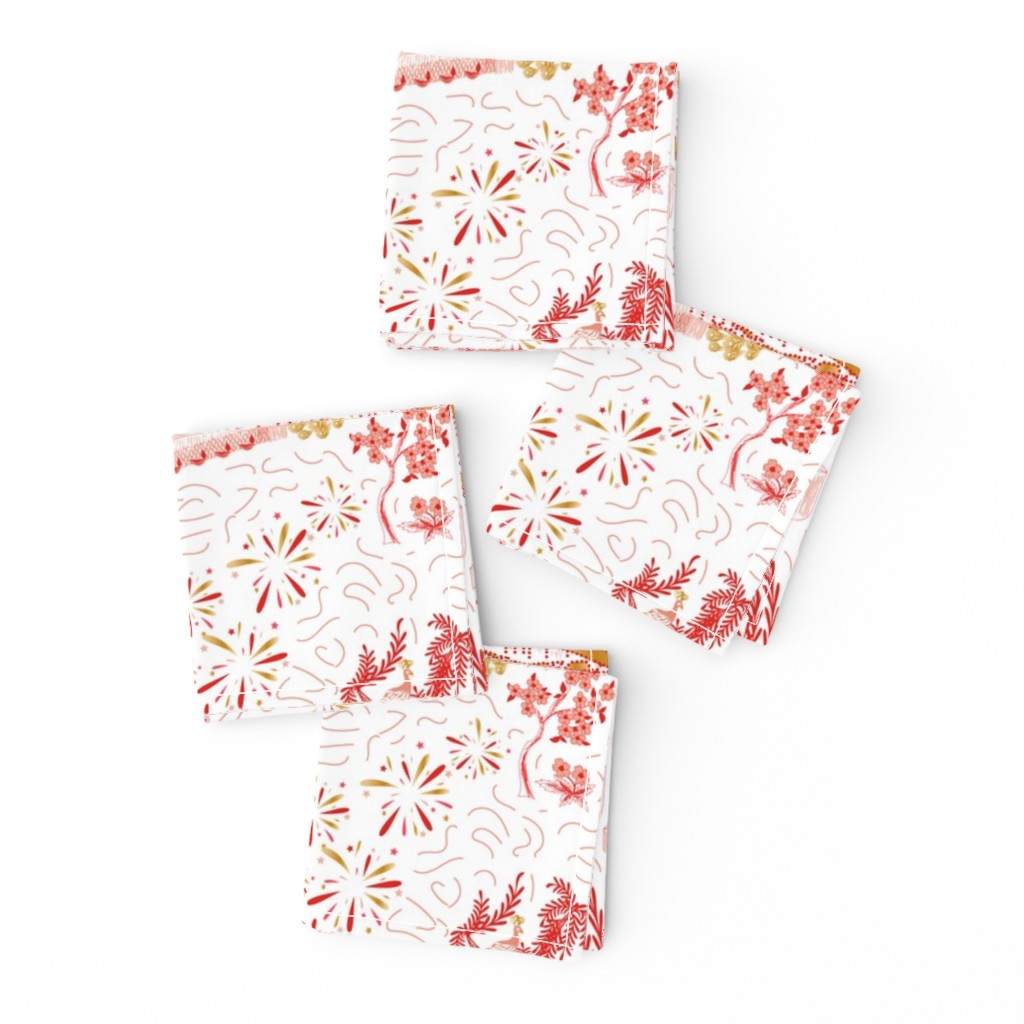 Celebration Toile- Festival of Lights- Red and Gold on White- Regular Scale