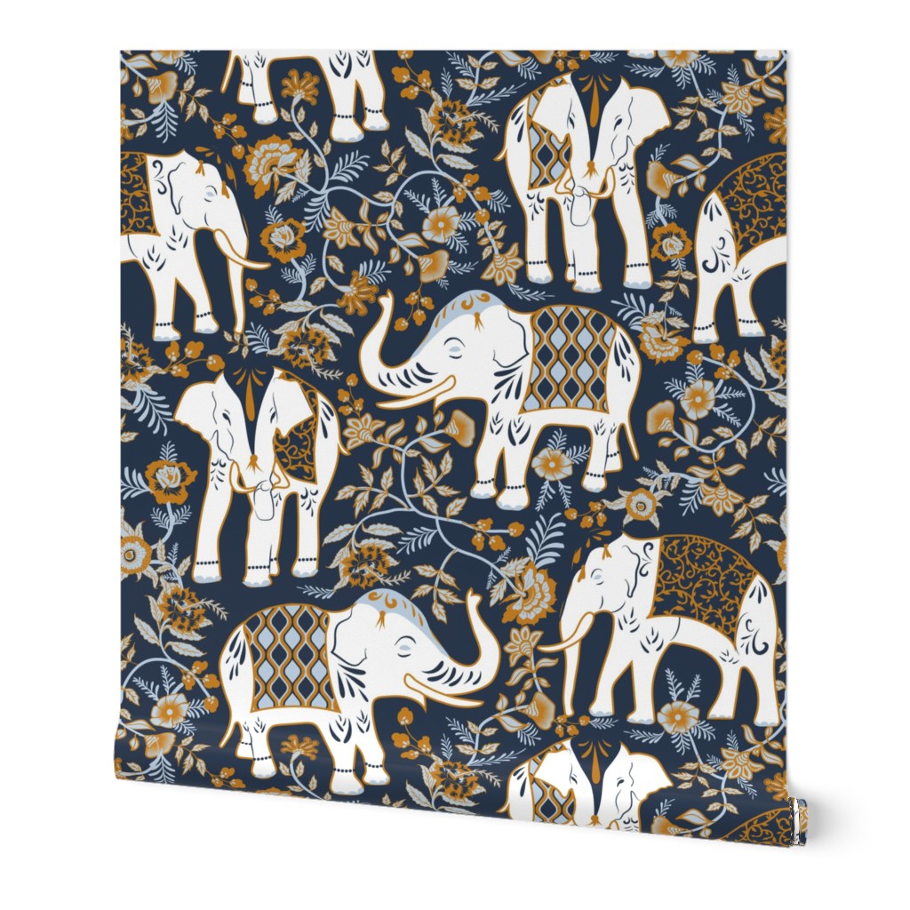 Festive Elephants- Navy- Large Scale