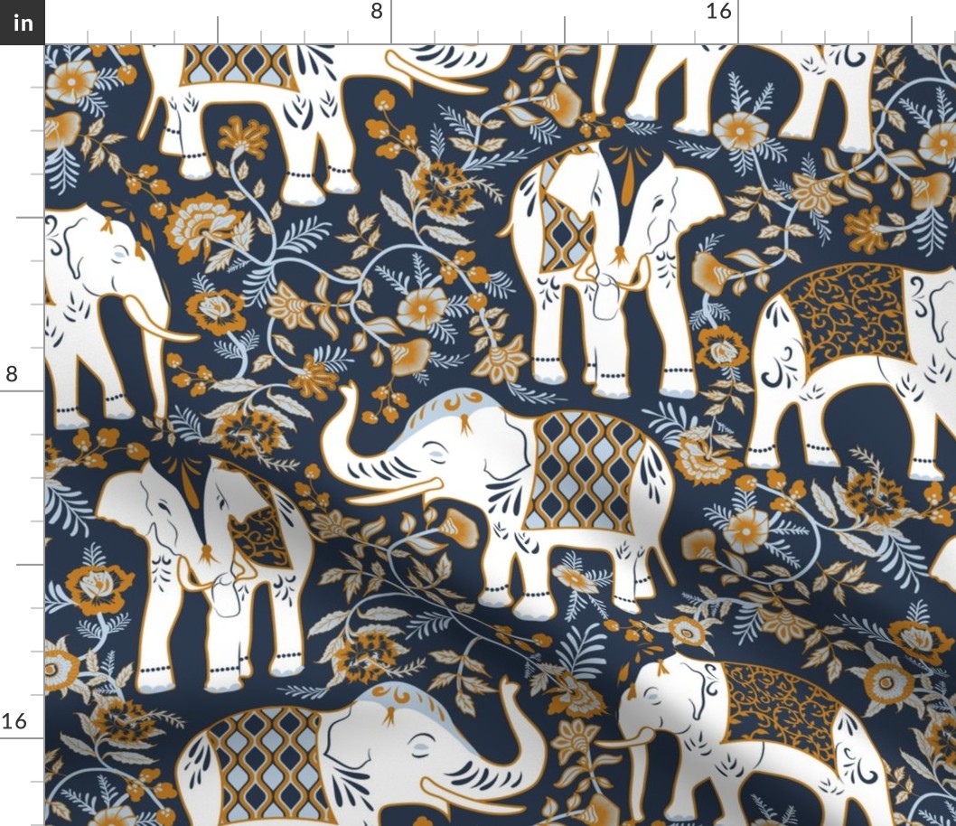 Festive Elephants- Navy- Large Scale