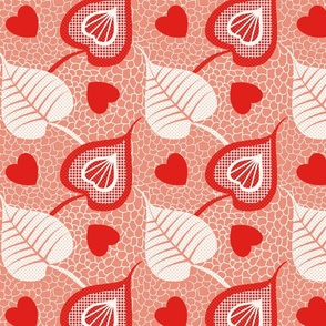 Growing Love- Lace Hearts Leaves- Dark Salmon Red- Large Scale