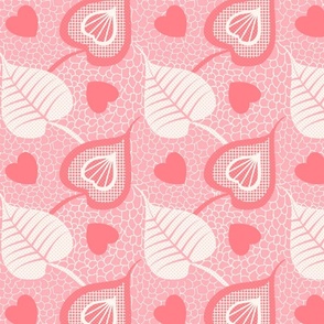 Growing Love- Lace Hearts Leaves- Salmon Pink- Large Scale